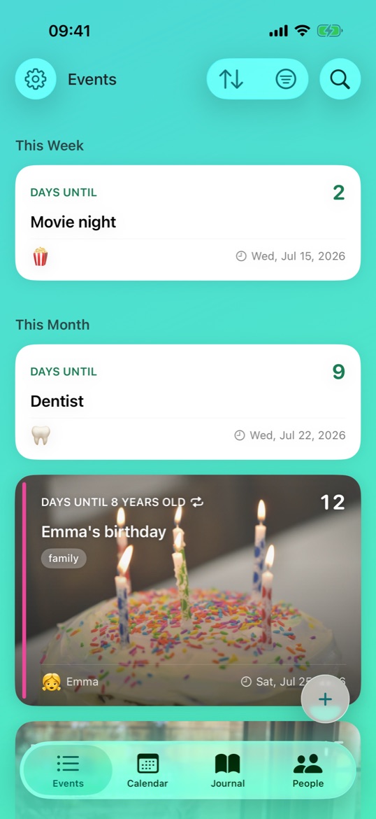 Naerly's Events list on iPhone: 'This Week' holds a clean white card counting 2 days to Movie night; 'This Month' opens with a clean Dentist card at 9 days, then a cake-with-candles photo behind 12 days to Emma's 8th birthday, tagged family.