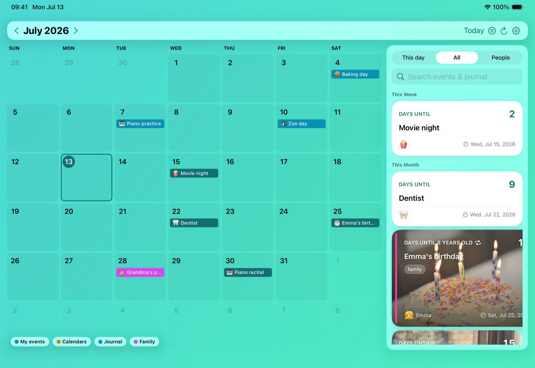 Naerly on iPad in landscape: the July calendar canvas, denser with event chips, beside a panel showing Movie night and Dentist as plain white cards and Emma's birthday, tagged family, behind a cake photo.