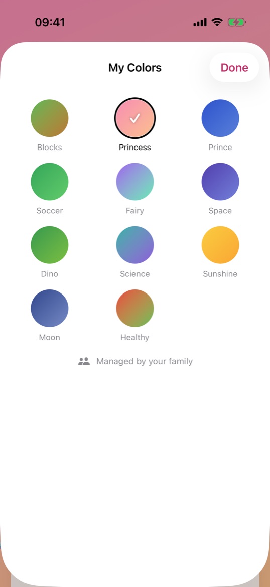 The 'My Colors' sheet in the Princess theme: eleven kid themes to pick from, 'managed by your family.'