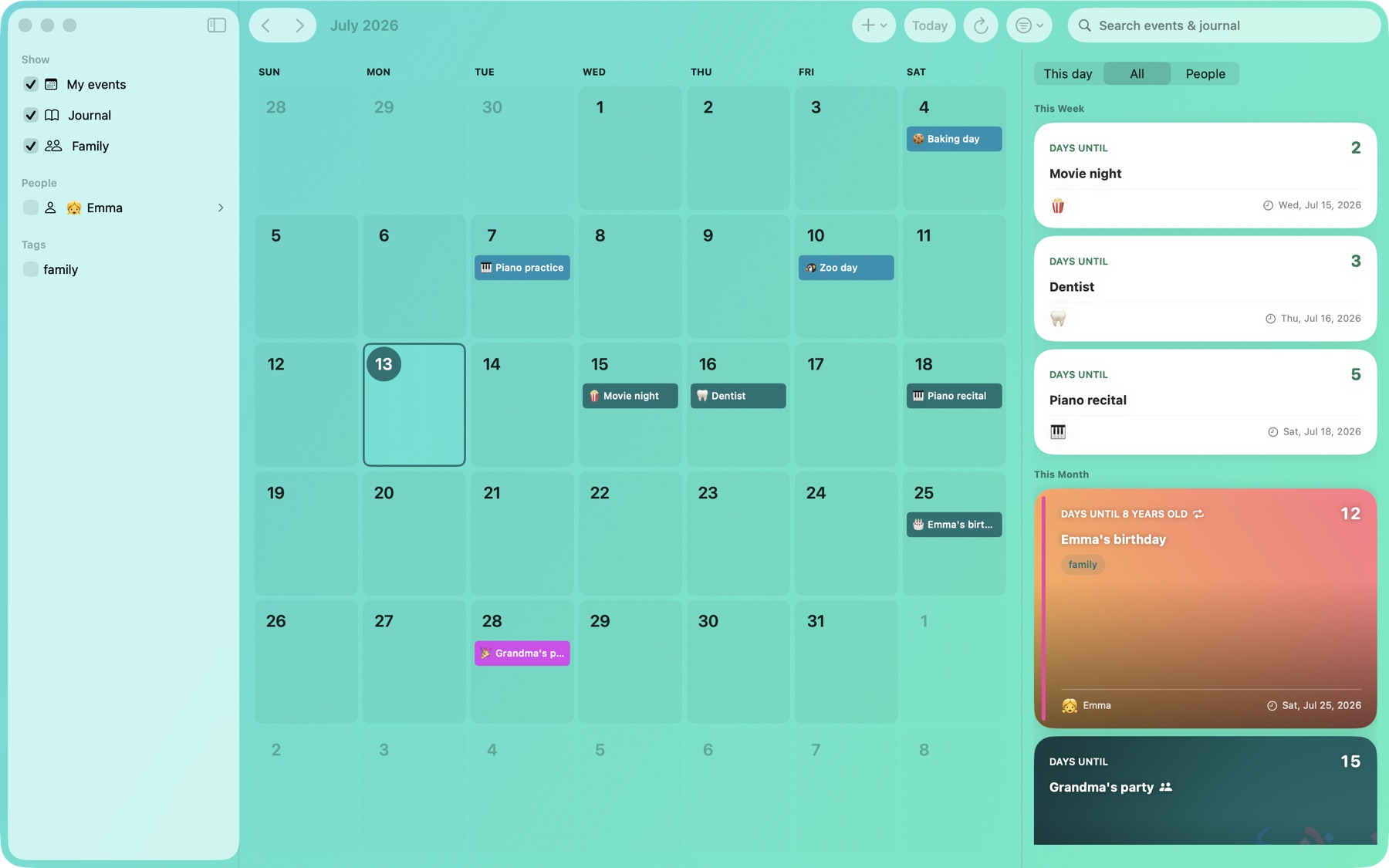 Naerly on Mac: a sidebar with My events, Journal, Family, people and tags; a denser July month calendar; and a panel showing Emma's birthday behind a cake photo, with Grandma's party just below.