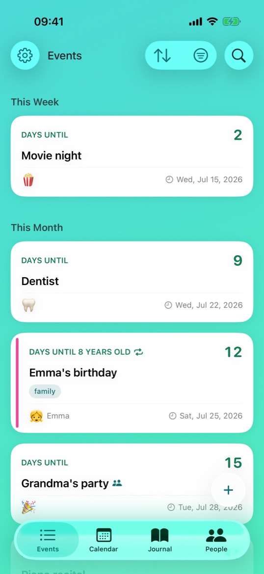 The same Events list with photo covers off: Movie night, Dentist, Emma's birthday, and Grandma's party all shown as clean white cards.